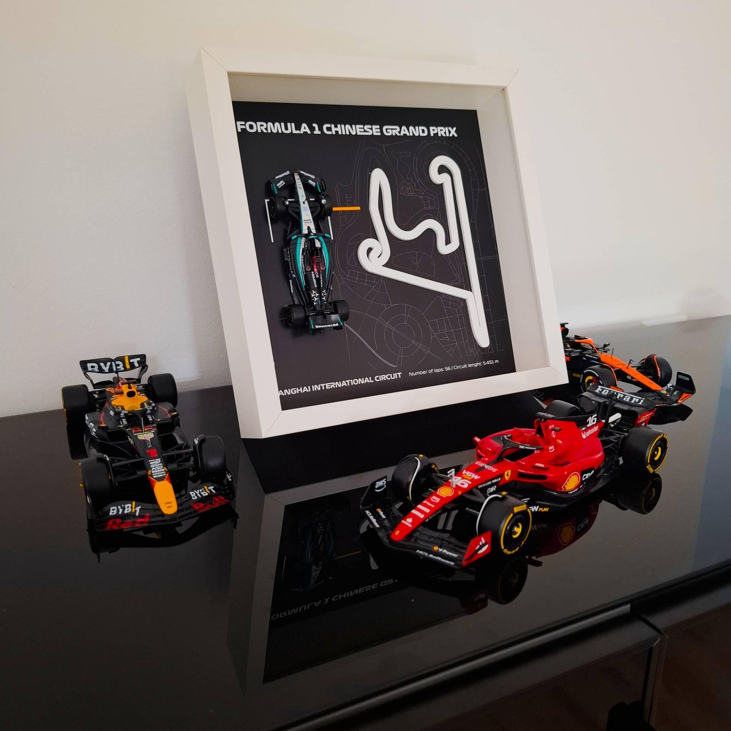 F1 Shanghai - Chinese Framed Art: Plexiglass 3D Track with Formula One Car Model