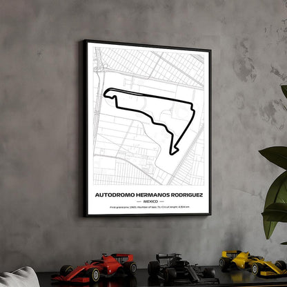 Framed F1 Hermanos Rodriguez Circuit Poster: Minimalist Motorsport Art (50x70cm)