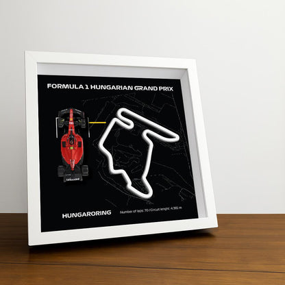 F1 Hungaroring - Hungarian Circuit Framed Art: Plexiglass 3D Track with Formula One Car Model