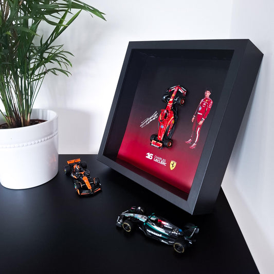 Charles Leclerc F1 Frame with Ferrari 1:43 Scale Car - High-Quality Printed Background - 25x25 cm Display - Formula 1 Gift