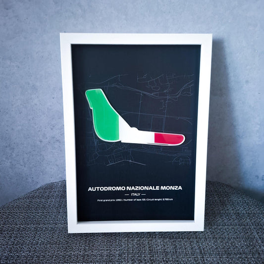 Framed Poster Monza Italy with 3D Flag - High-Quality Printed Background - 31,5 x 22,5cm Display - Formula 1 Gift