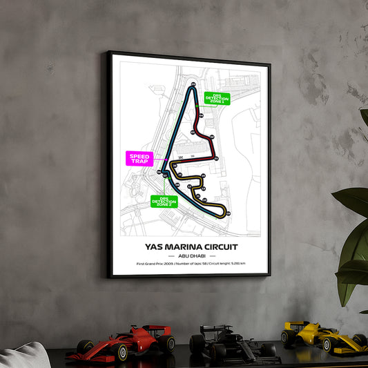 Framed Formula 1 Track Poster – 2025 F1 Grand Prix Circuit Map – Yas Marina – Full Color Layout – Physical Motorsport Print – 50x70cm