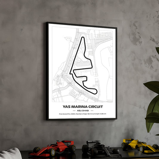 Framed Formula 1 Track Poster – 2025 F1 Grand Prix Circuit Map – Yas Marina – Minimal Line Art – Physical Motorsport Print – 50x70cm