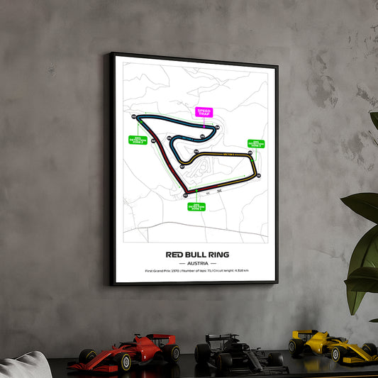 Framed Formula 1 Track Poster – 2025 F1 Grand Prix Circuit Map – Red Bull Ring – Full Color Layout – Physical Motorsport Print – 50x70cm