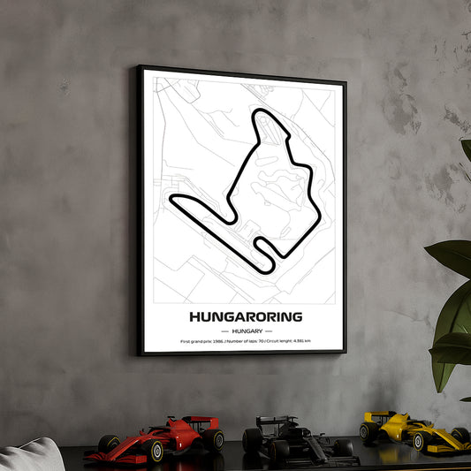 Framed Formula 1 Track Poster – 2025 F1 Grand Prix Circuit Map – Hungaroring – Minimal Line Art – Physical Motorsport Print – 50x70cm