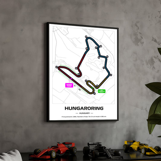 Framed Formula 1 Track Poster – 2025 F1 Grand Prix Circuit Map – Hungaroring – Full Color Layout – Physical Motorsport Print – 50x70cm