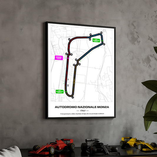 Framed Formula 1 Track Poster – 2025 F1 Grand Prix Circuit Map – Monza – Full Color Layout – Physical Motorsport Print – 50x70cm