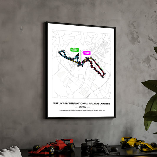 Framed Formula 1 Track Poster – 2025 F1 Grand Prix Circuit Map – Suzuka – Full Color Layout – Physical Motorsport Print – 50x70cm