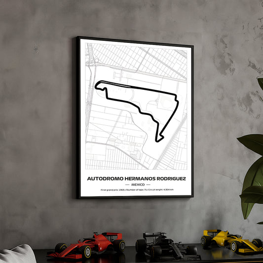 Framed Formula 1 Track Poster – 2025 F1 Grand Prix Circuit Map – Hermanos Rodriguez – Minimal Line Art – Physical Motorsport Print – 50x70cm