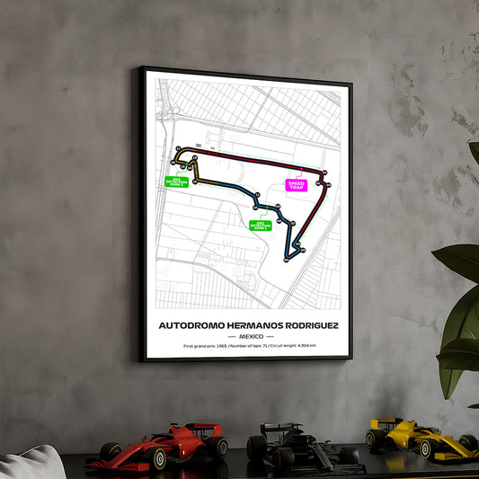 Framed Formula 1 Track Poster – 2025 F1 Grand Prix Circuit Map – Hermanos Rodriguez – Full Color Layout – Physical Motorsport Print – 50x70