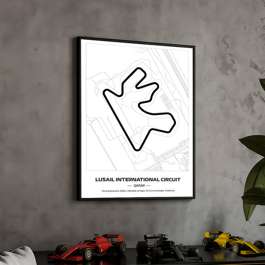 Framed Formula 1 Track Poster – 2025 F1 Grand Prix Circuit Map – Lusail – Minimal Line Art – Physical Motorsport Print – 50x70cm