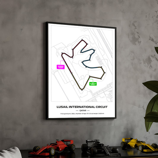 Framed Formula 1 Track Poster – 2025 F1 Grand Prix Circuit Map – Lusail – Full Color Layout – Physical Motorsport Print – 50x70cm