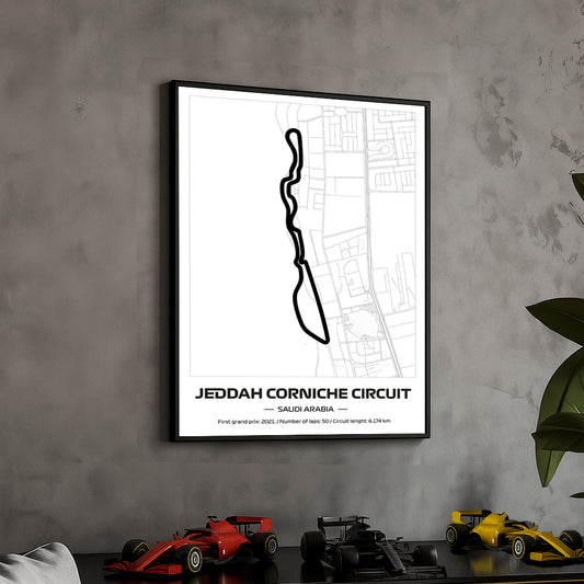 Framed Formula 1 Track Poster – 2025 F1 Grand Prix Circuit Map – Jeddah – Minimal Line Art – Physical Motorsport Print – 50x70cm