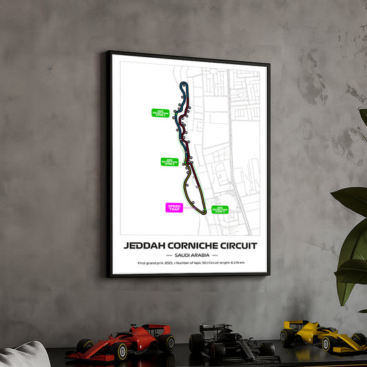 Framed Formula 1 Track Poster – 2025 F1 Grand Prix Circuit Map – Jeddah – Full Color Layout – Physical Motorsport Print – 50x70cm
