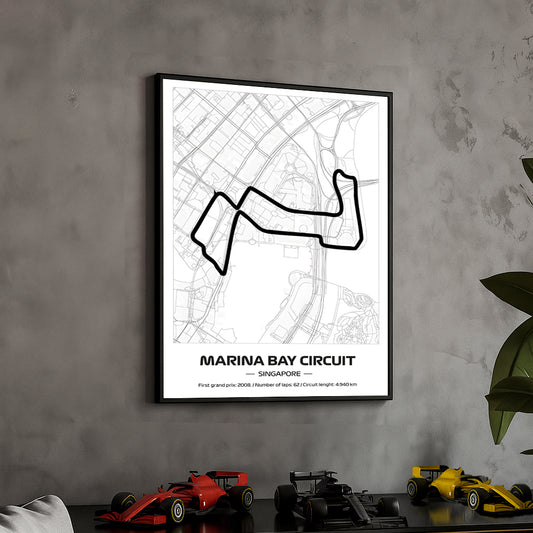 Framed Formula 1 Track Poster – 2025 F1 Grand Prix Circuit Map – Marina Bay – Minimal Line Art – Physical Motorsport Print – 50x70cm