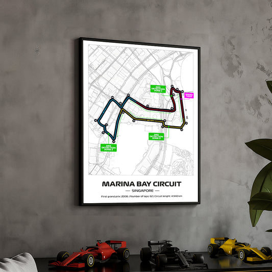 Framed Formula 1 Track Poster – 2025 F1 Grand Prix Circuit Map – Marina Bay – Full Color Layout – Physical Motorsport Print – 50x70cm