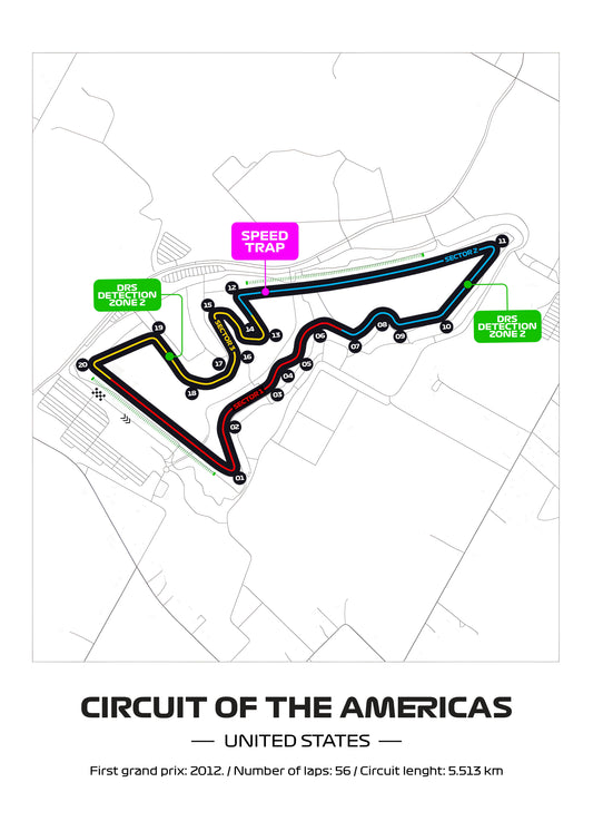 Framed Formula 1 Track Poster – 2025 F1 Grand Prix Circuit Map – Austin – Full Color Layout – Physical Motorsport Print – 50x70cm