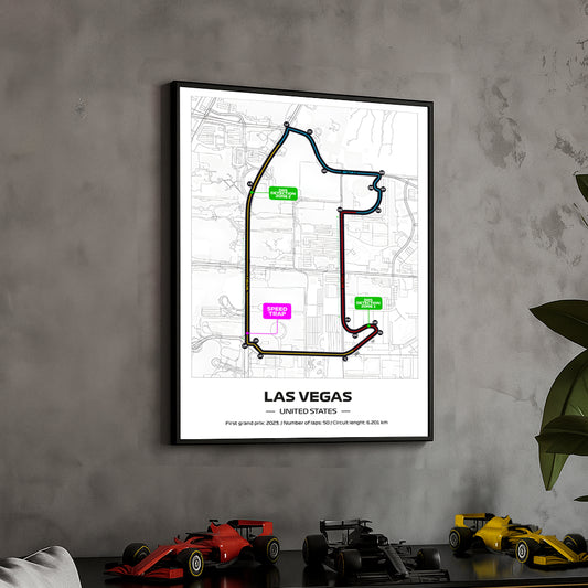 Framed Formula 1 Track Poster – 2025 F1 Grand Prix Circuit Map – Las Vegas – Full Color Layout – Physical Motorsport Print – 50x70cm