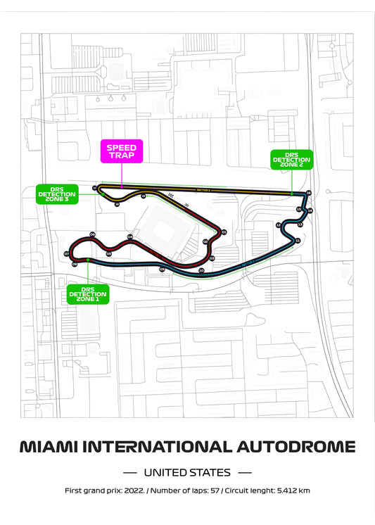 Framed Formula 1 Track Poster – 2025 F1 Grand Prix Circuit Map – Miami – Full Color Layout – Physical Motorsport Print – 50x70cm