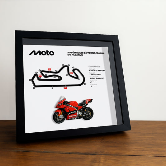 Autódromo Internacional do Algarve Moto Circuit 3D Framed Track Wall Art with Motorcycle Model – Portugal Racing Gift
