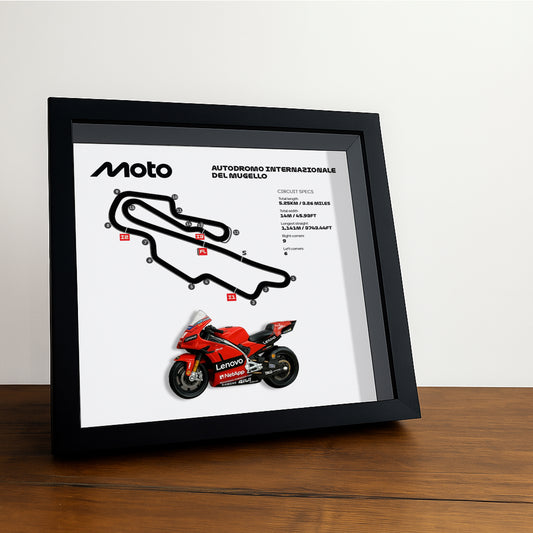 Mugello Moto Circuit 3D Framed Track Wall Art with Motorcycle Model – Italy Racing Gift
