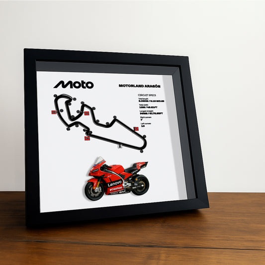 Motorland Aragón Moto Circuit 3D Framed Track Wall Art with Motorcycle Model – Spain Racing Gift