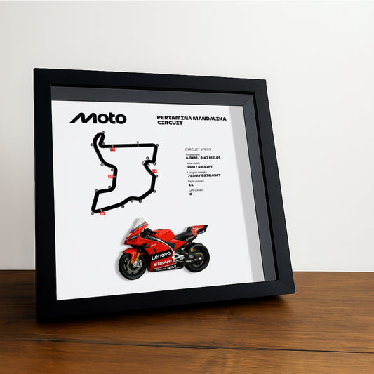 Mandalika Moto Circuit 3D Framed Track Wall Art with Motorcycle Model – Indonesia Racing Gift