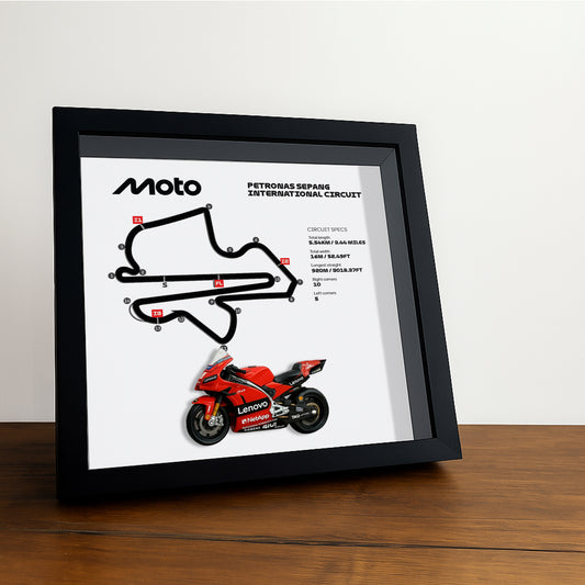 Sepang International Circuit Moto 3D Framed Track Wall Art with Motorcycle Model – Malaysia Racing Gift