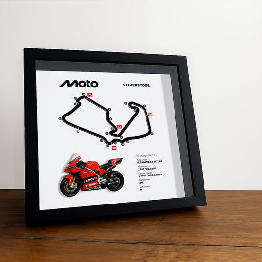 Silverstone Moto Circuit 3D Framed Track Wall Art with Motorcycle Model – UK Racing Gift