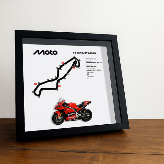 TT Circuit Assen Moto 3D Framed Track Wall Art with Motorcycle Model – Netherlands Racing Gift