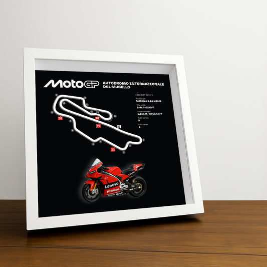 Mugello Moto Circuit (Black) 3D Framed Track Wall Art with Motorcycle Model – Italy Racing Gift