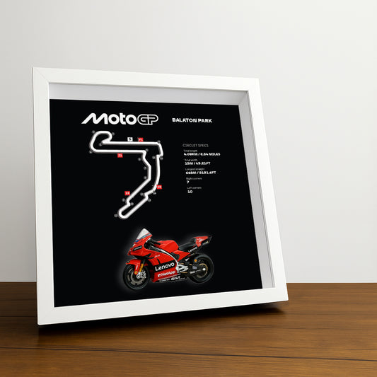 Balaton Park Moto Circuit (Black) 3D Framed Track Wall Art with Motorcycle Model – Hungary Racing Gift