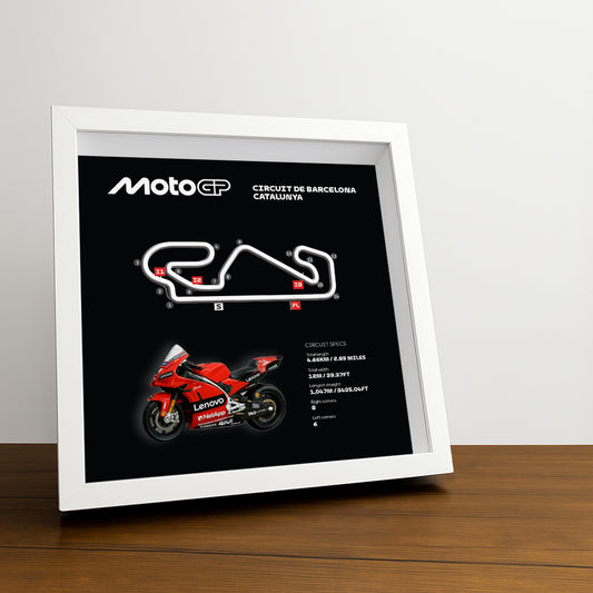 Barcelona Catalunya Moto Circuit (Black) 3D Framed Track Wall Art with Motorcycle Model – Spain Racing Gift