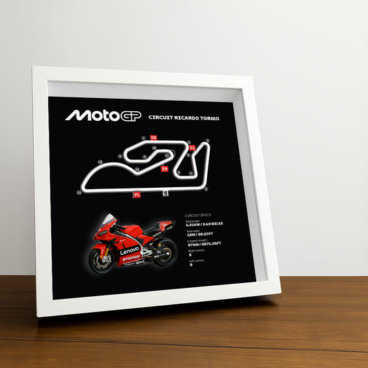 Ricardo Tormo Moto Circuit (Black) 3D Framed Track Wall Art with Motorcycle Model – Spain Racing Gift