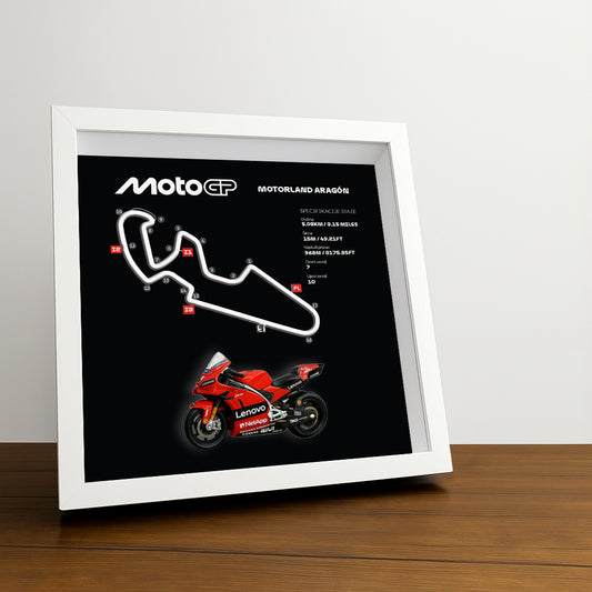 Motorland Aragón Moto Circuit (Black) 3D Framed Track Wall Art with Motorcycle Model – Spain Racing Gift