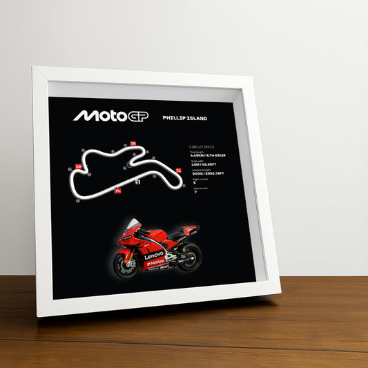 Phillip Island Moto Circuit (Black) 3D Framed Track Wall Art with Motorcycle Model – Australia Racing Gift
