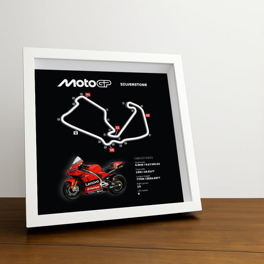 Silverstone Moto Circuit (Black) 3D Framed Track Wall Art with Motorcycle Model – UK Racing Gift