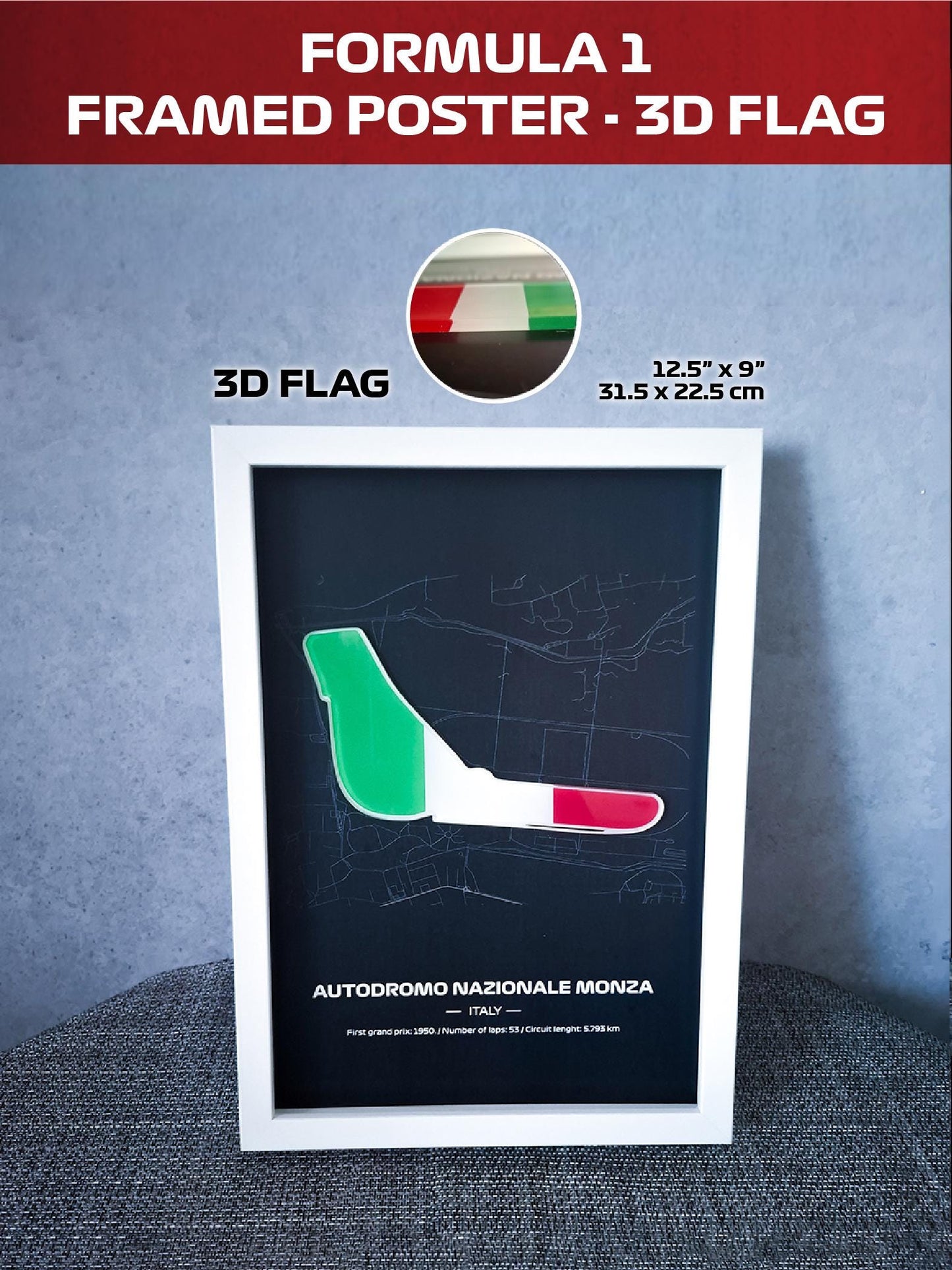 Framed Poster Monza Italy with 3D Flag - High-Quality Printed Background - 31,5 x 22,5cm Display - Formula 1 Gift
