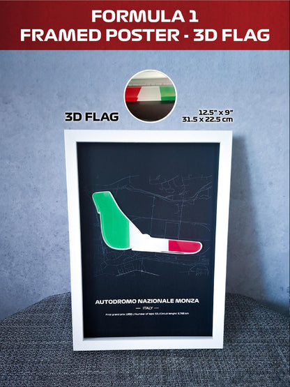 Framed Poster Monza Italy with 3D Flag - High-Quality Printed Background - 31,5 x 22,5cm Display - Formula 1 Gift