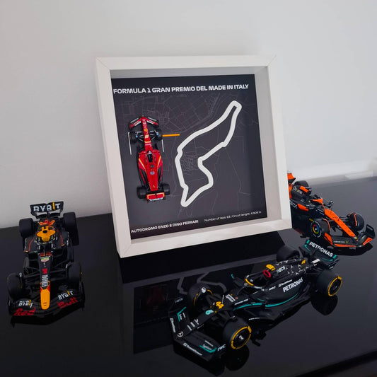 F1 Enzo E Dino Ferrari Circuit Framed Art: Plexiglass 3D Track with Formula One Car Model