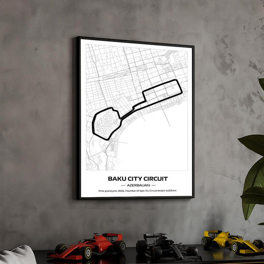 Framed Baku City F1 Track Poster: Minimalist Motorsport Art (50x70cm)