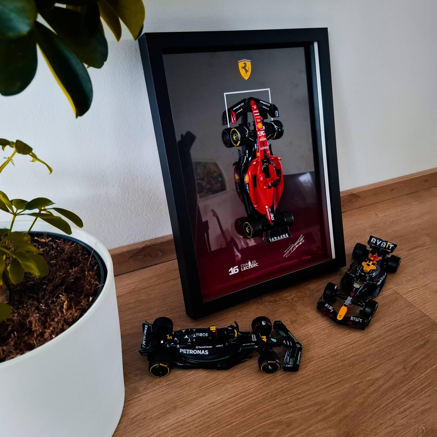 Charles Leclerc F1 Frame with Ferrari 1:24 Scale Car - High-Quality Printed Background - 30x40 cm Display - Formula 1 Gift