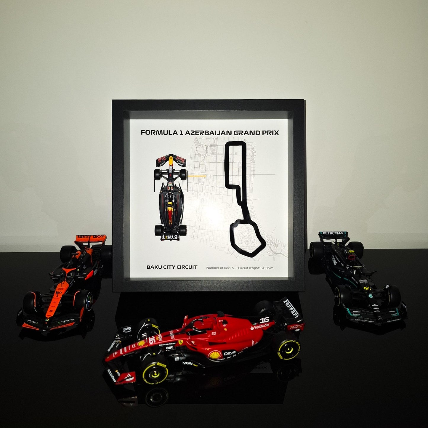 F1 Azerbaijan - Baku Framed 3D Art: Plexiglass 3D Track with Formula One Car Model