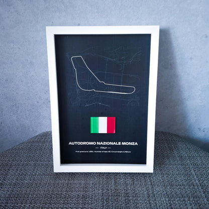 Framed Poster Monza Italy with 3D Flag - High-Quality Printed Background - 31,5 x 22,5cm Display - Formula 1 Gift