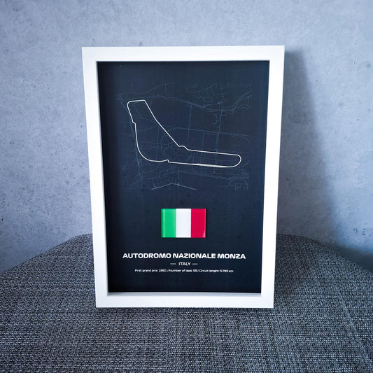 Framed Poster Monza Italy with 3D Flag - High-Quality Printed Background - 31,5 x 22,5cm Display - Formula 1 Gift