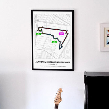 Framed F1 Poster: Hermanos Rodriguez Grand Prix Circuit Map - 50x70cm