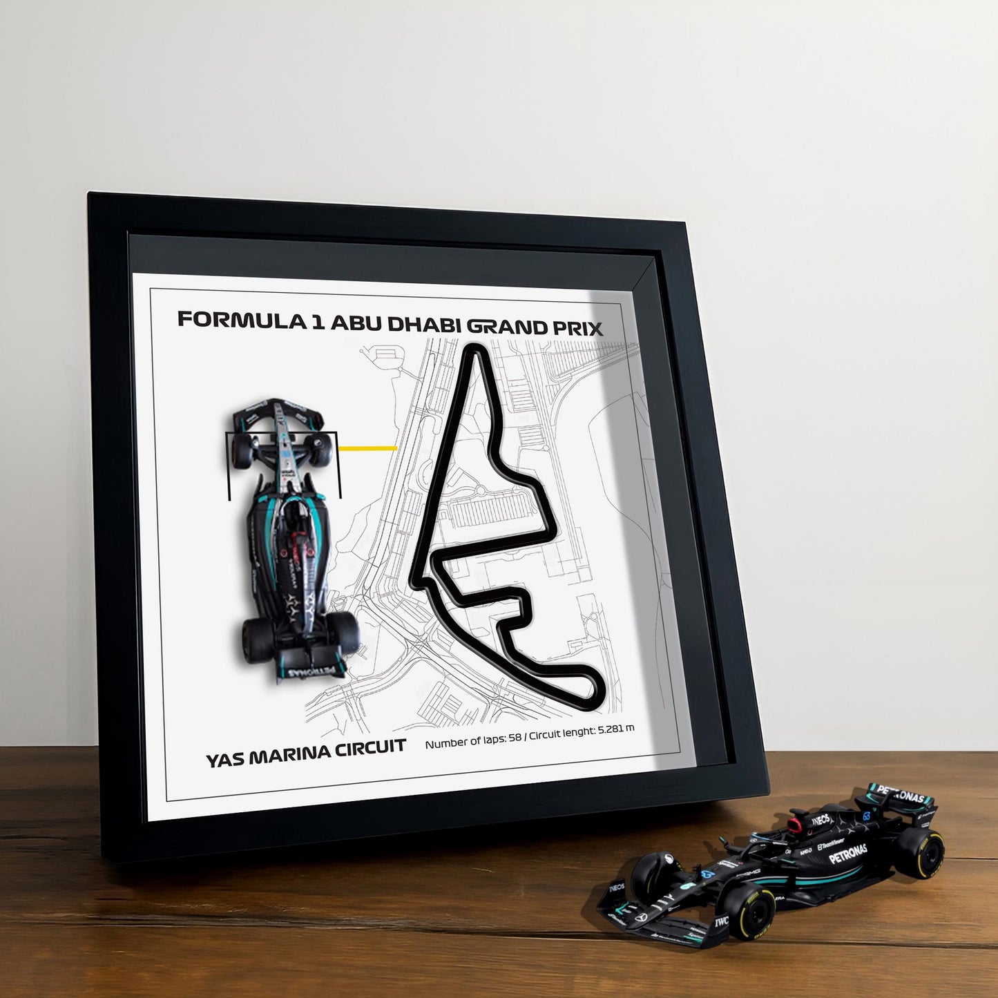 F1 Yas Marina - Abu Dhabi Framed 3D Art: Plexiglass 3D Track with Formula One Car Model