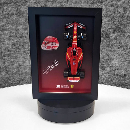 Charles Leclerc F1 Frame with Ferrari 1:43 Scale Car, 3D Helmet and Signature