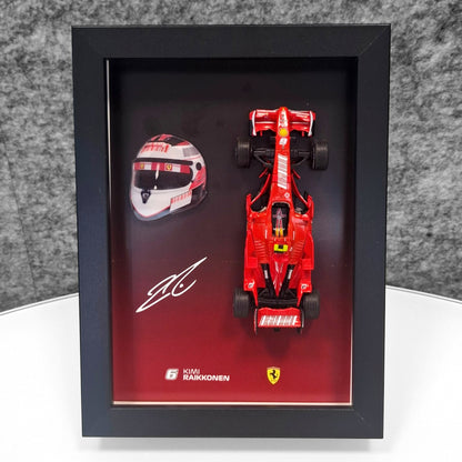 Kimi Raikkonen F1 Frame with Ferrari 1:43 Scale Car, 3D Helmet and Signature