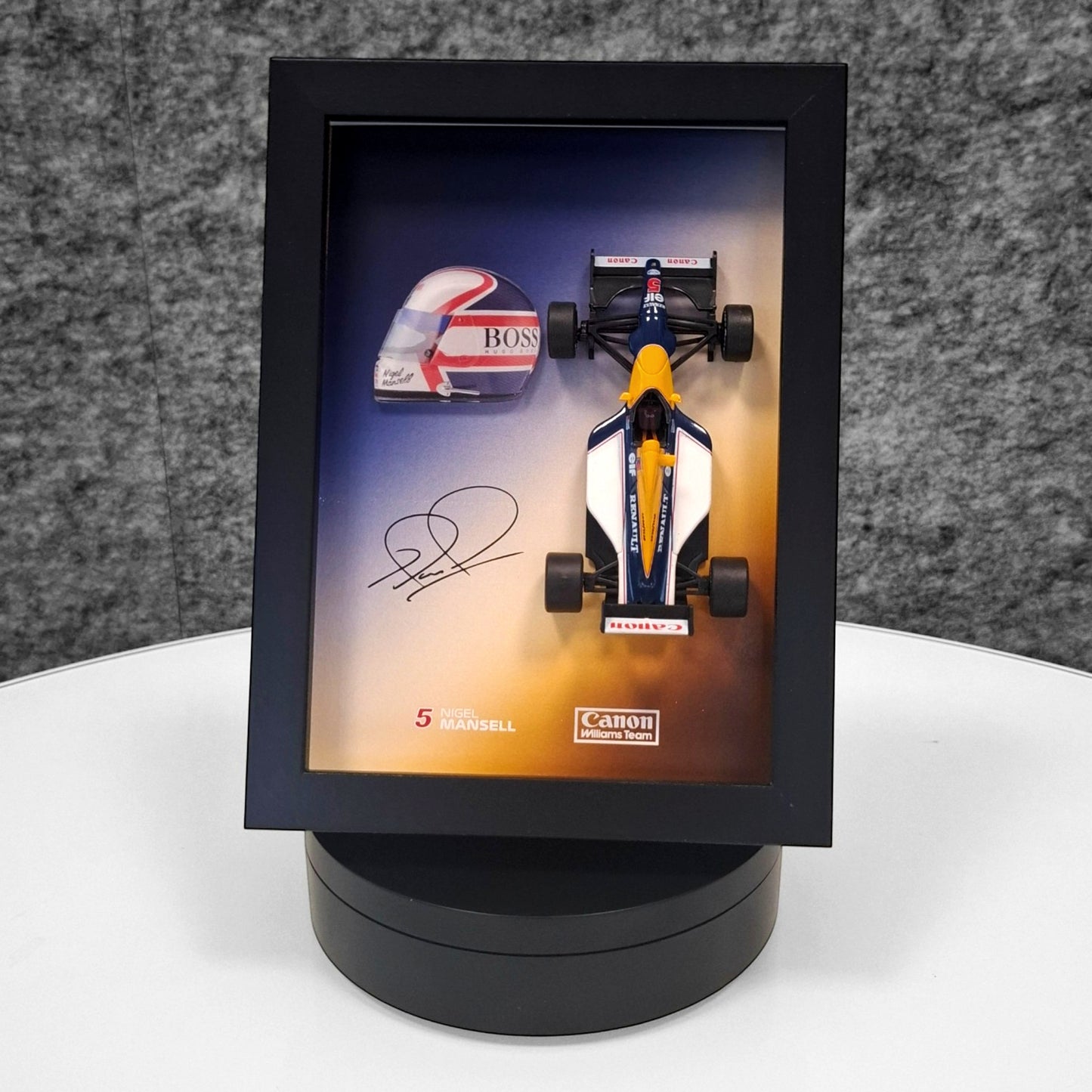 Nigel Mansell F1 Frame with Canon Wlliams Team 1:43 Scale Car, 3D Helmet and Signature
